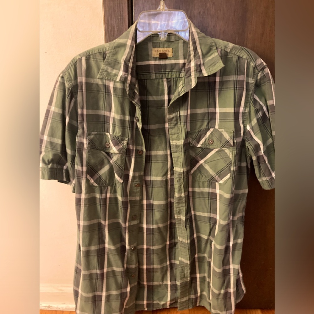 Sonoma Life Style Shirt Men's S Green Plaid Button Front Short Sleeve Shirt